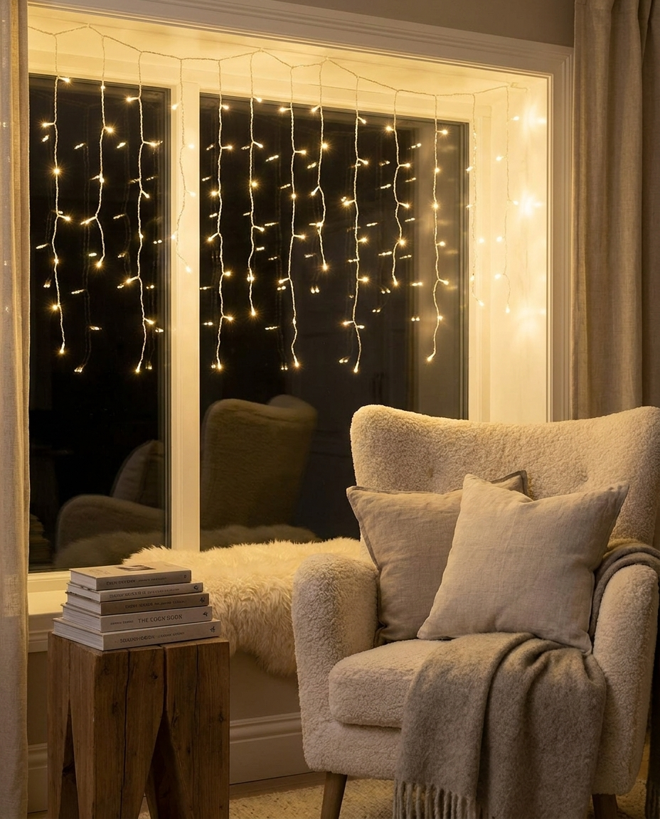 Warm white LED icicle lights draped across a window in a cozy reading nook