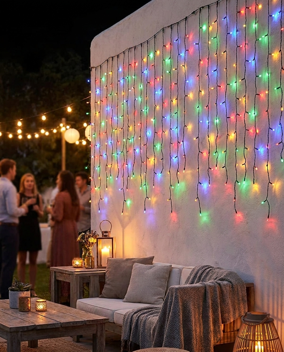 Multicolor LED icicle curtain lights at an outdoor evening party
