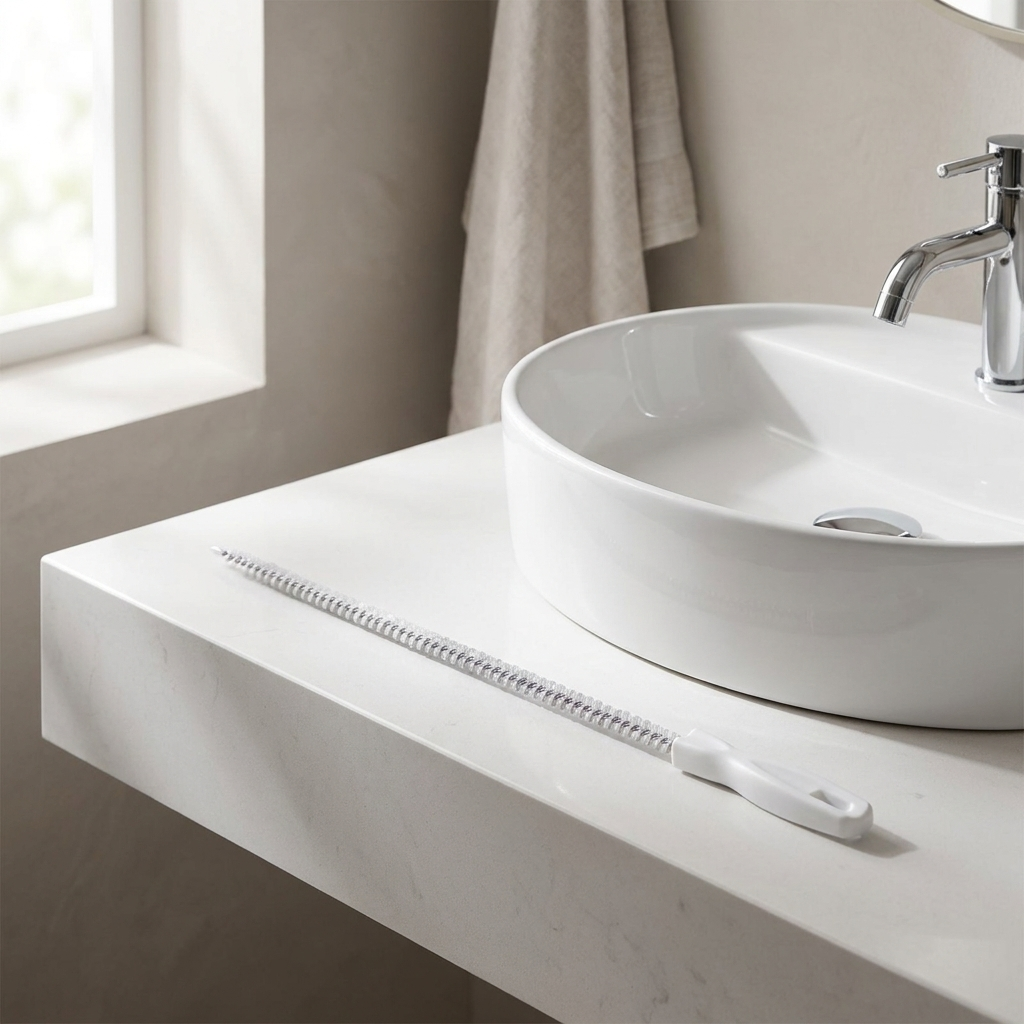 Drain unblocker tool on a clean bathroom counter