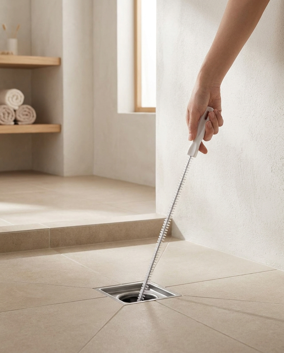 Drain unblocker inserted into a shower floor drain