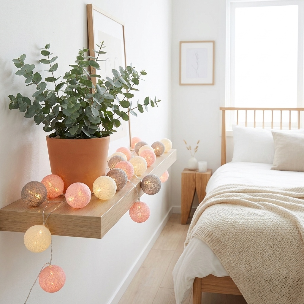 Pastel pink and grey cotton ball LED string lights draped over a bedroom shelf