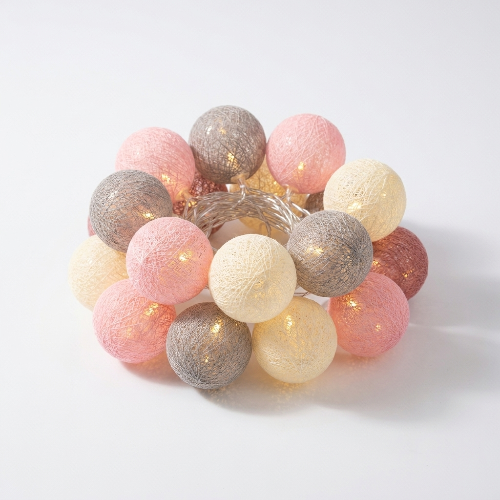 Cotton thread ball LED string lights packshot on white background
