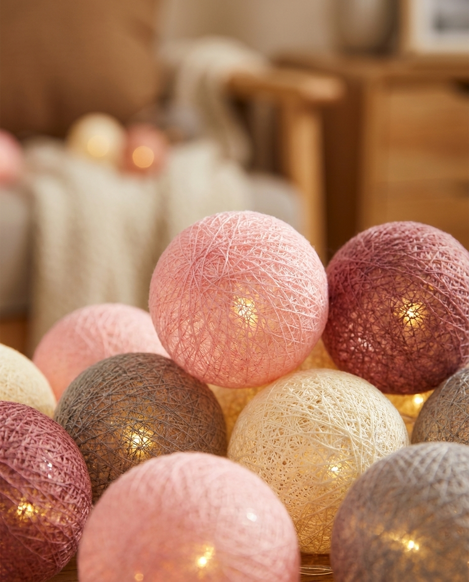 Close-up of glowing woven cotton ball LED lights showing yarn texture