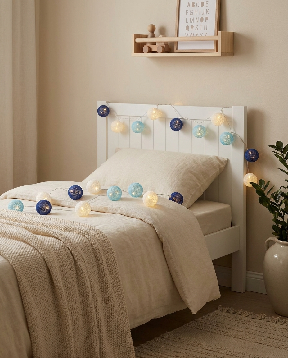 Blue and white cotton ball LED string lights along a cozy nursery headboard