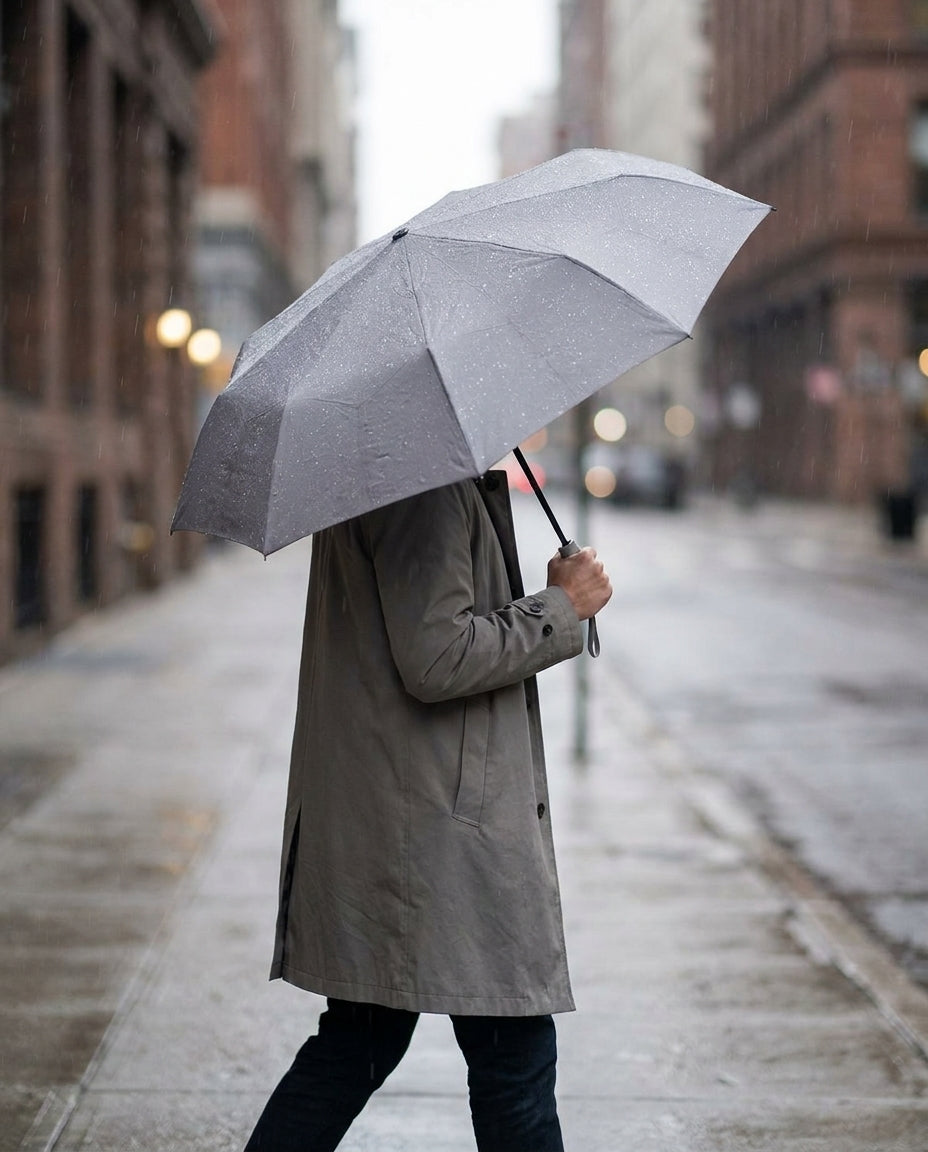 Person holding the open folding umbrella in the rain