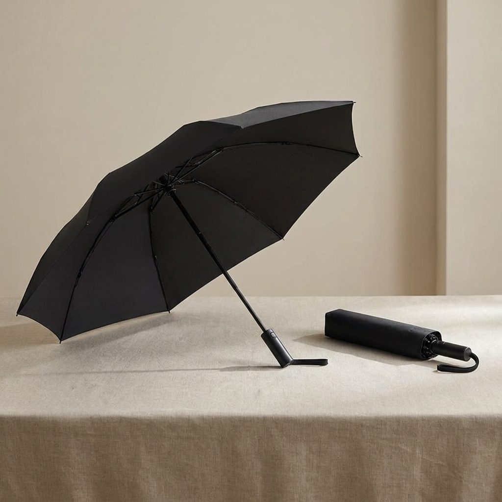 Folding umbrella shown folded compact and open
