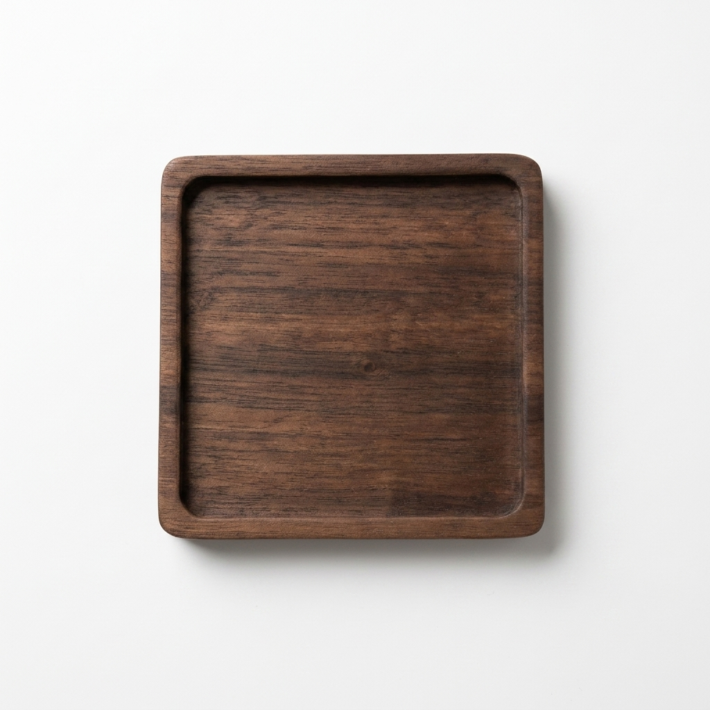 Square walnut wood coaster packshot showing natural grain on white background
