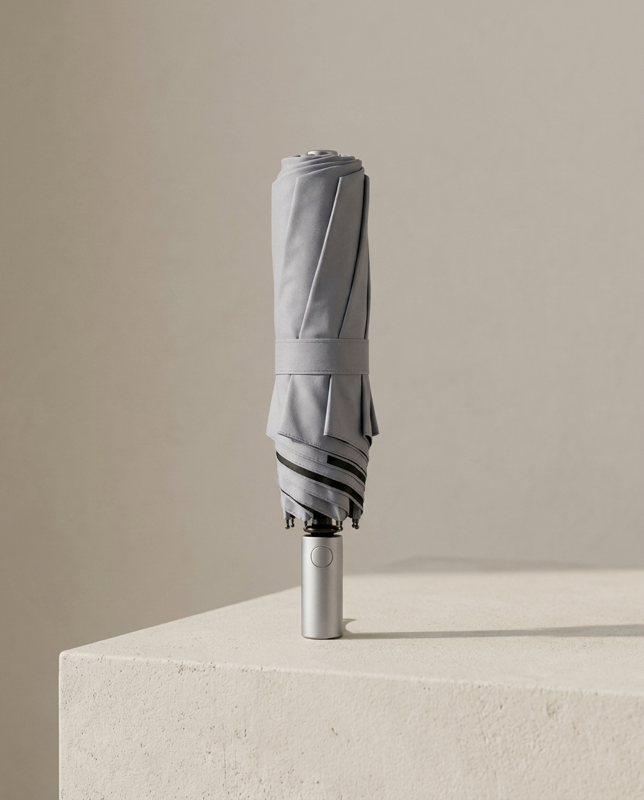 Compact folded umbrella standing upright