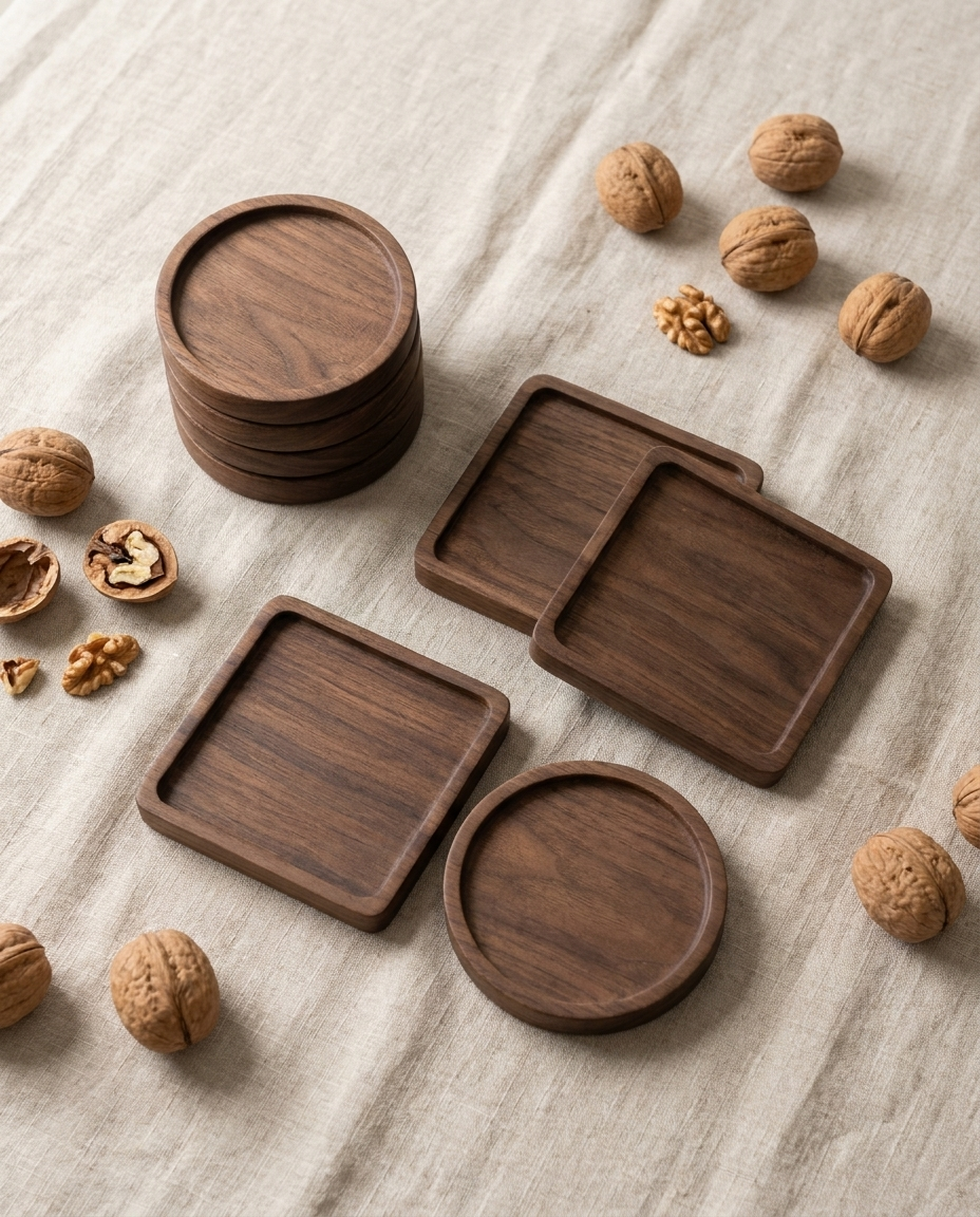 Flat-lay of round and square walnut wood coasters on linen with nuts