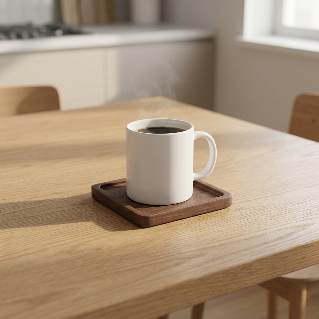 Square walnut wood coaster on a dining table holding a coffee mug