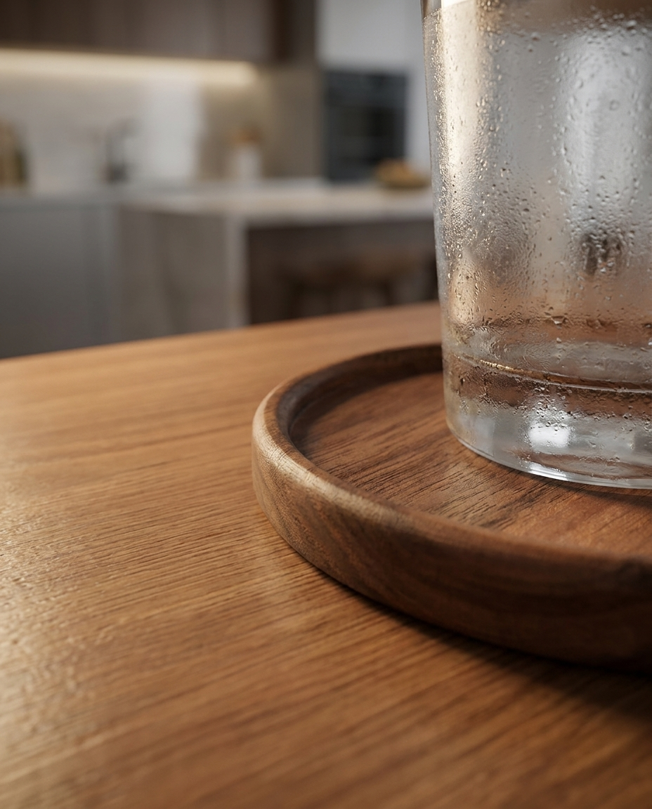 Round walnut wood coaster under a cold drinking glass close-up