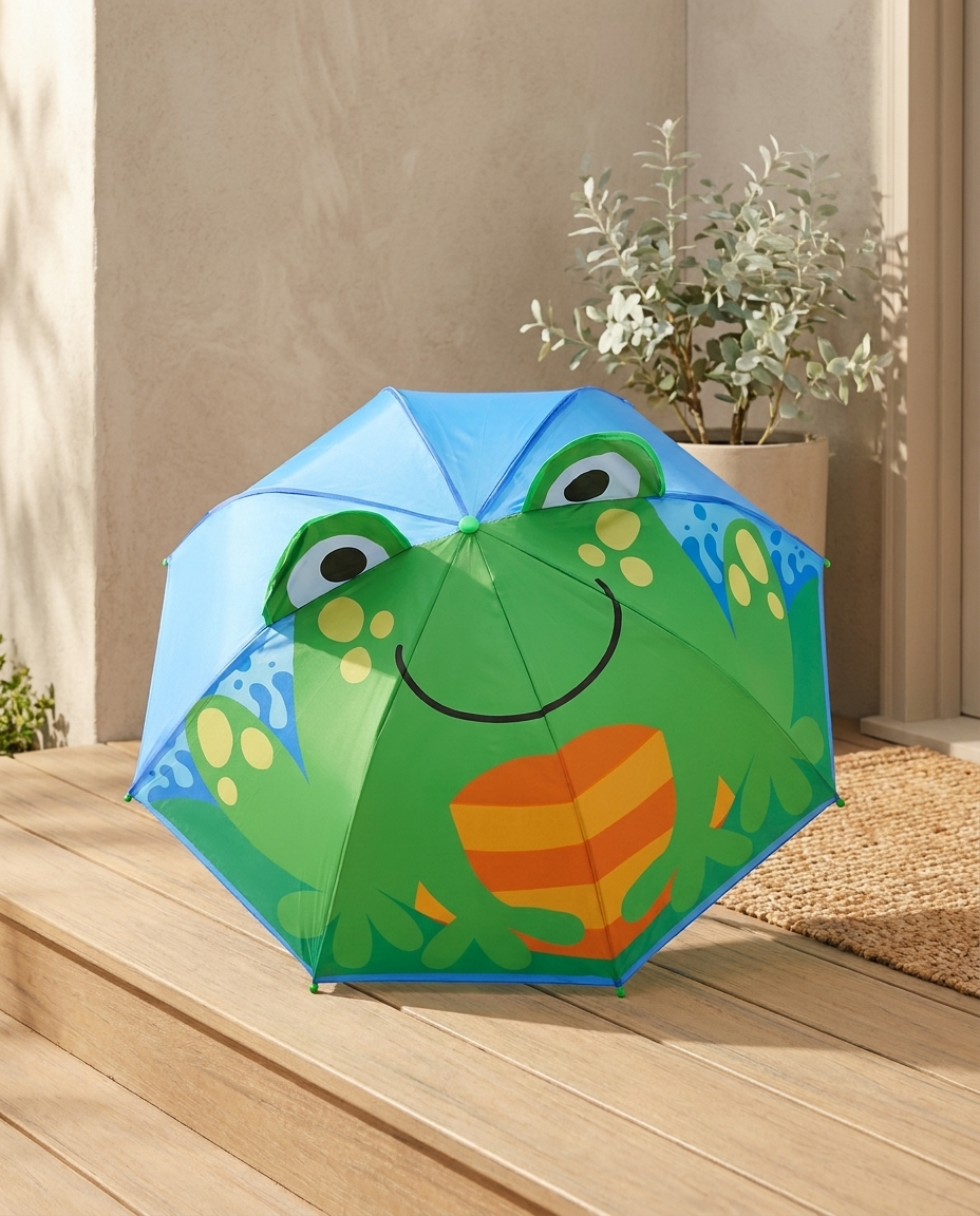 Cartoon kids umbrella open on a sunny porch