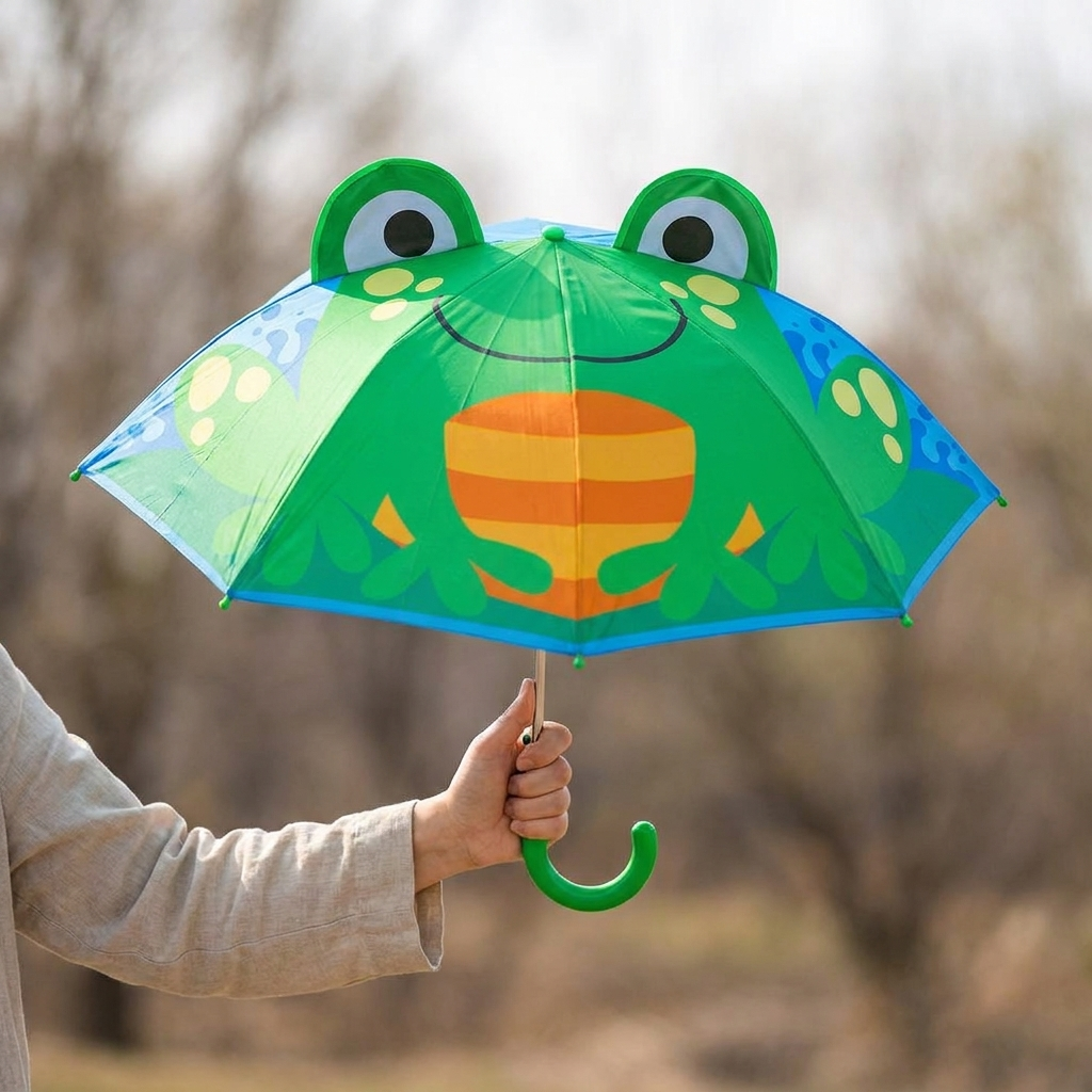 Adult holding the open cartoon kids umbrella outdoors