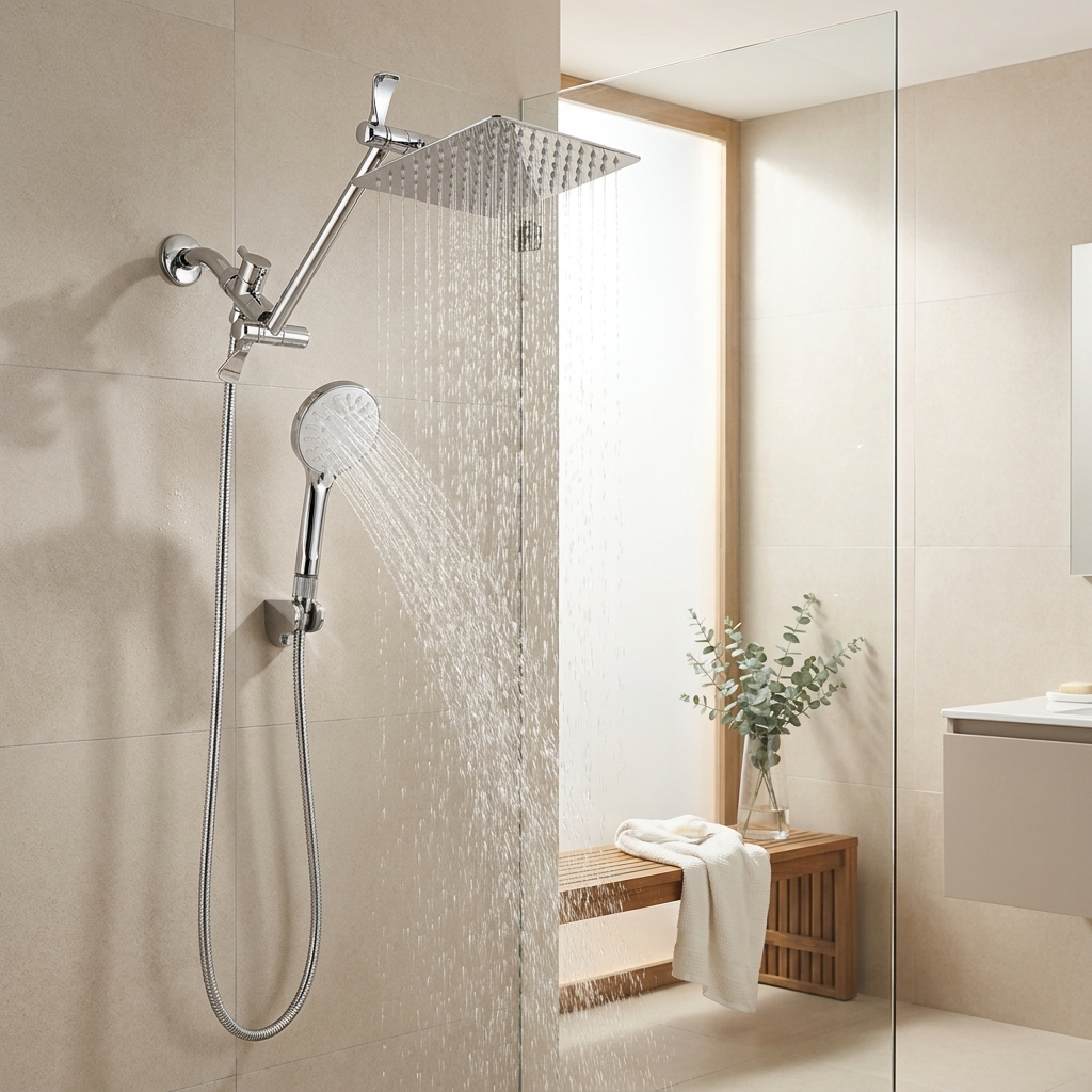 Rainfall shower head raining water in a clean modern bathroom