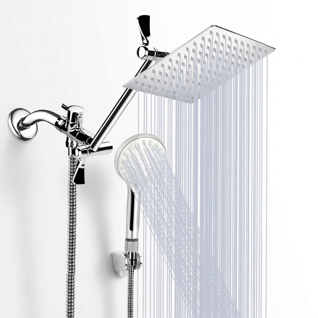 Chrome 8 inch square rainfall and handheld shower system packshot on white