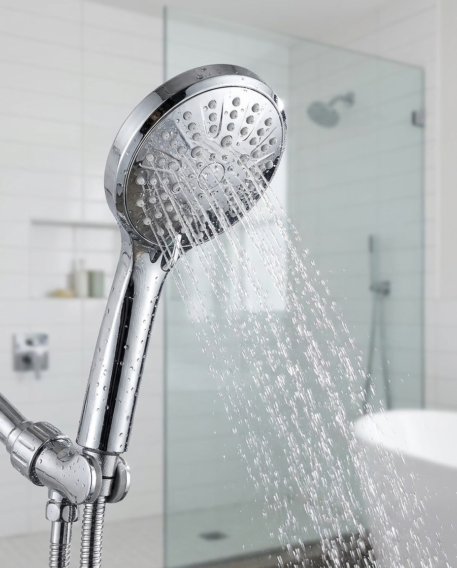 Close-up of the chrome handheld shower head spraying water