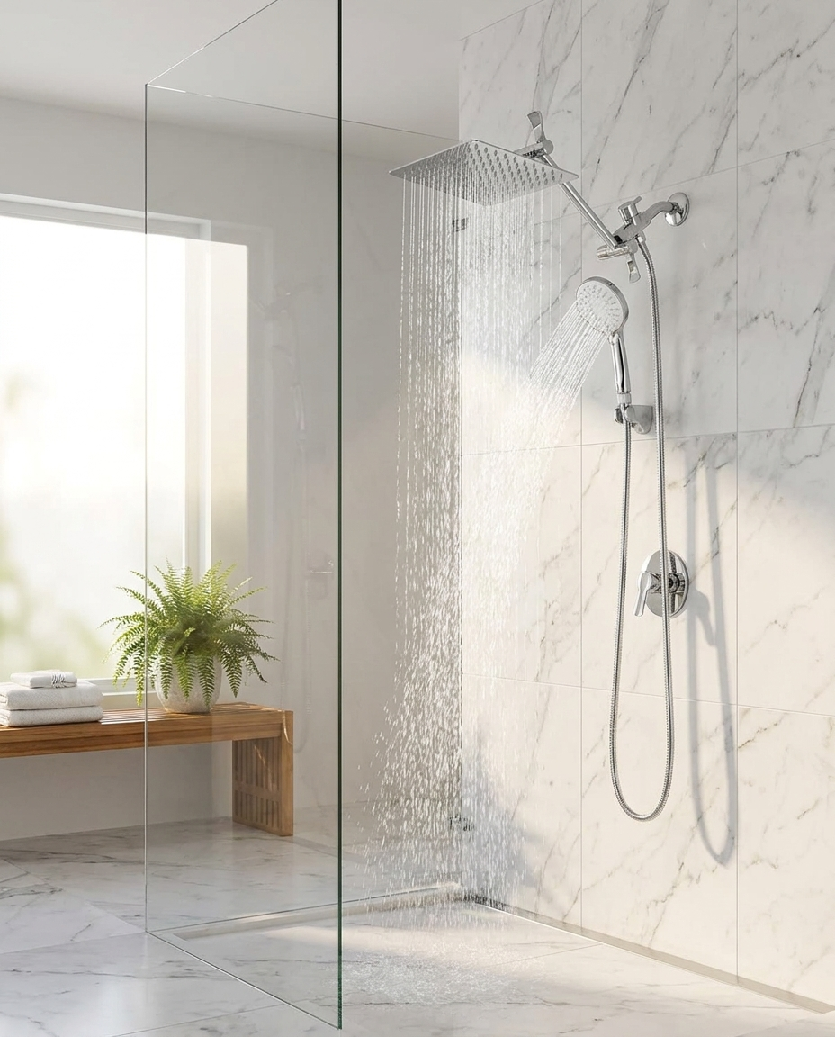 Chrome rainfall and handheld shower system in a contemporary walk-in shower