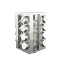 Stainless steel rotating spice rack tower with glass spice jars - white background