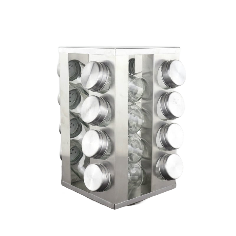 Stainless steel rotating spice rack tower with glass spice jars - white background