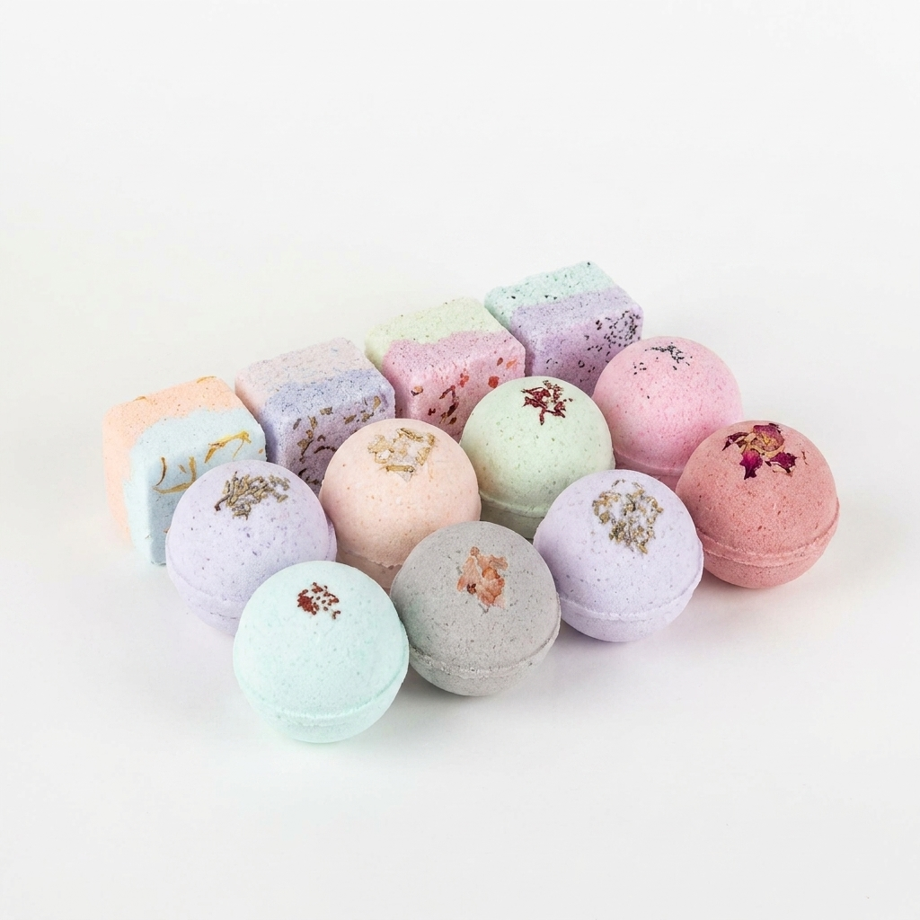 Assortment of pastel bath bombs and shower steamers gift set on white background