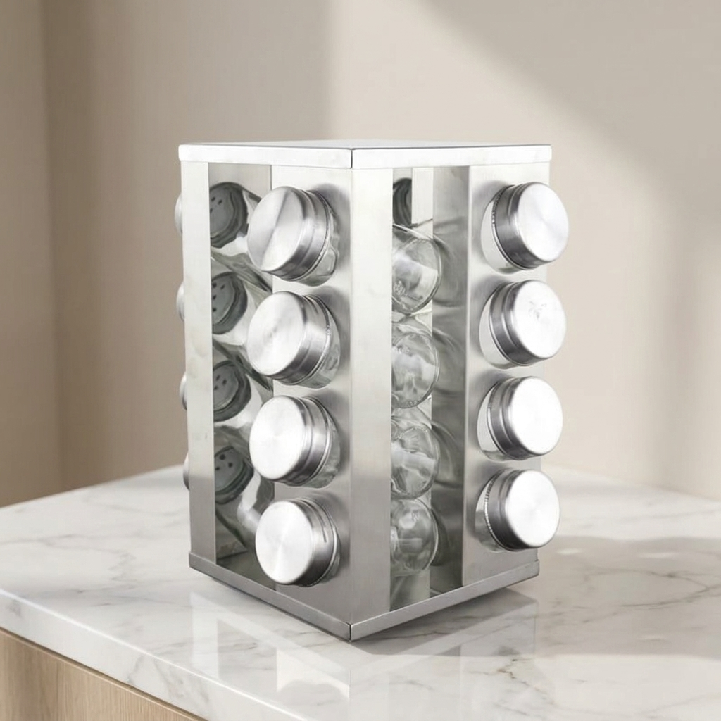 Rotating spice rack on a marble kitchen countertop