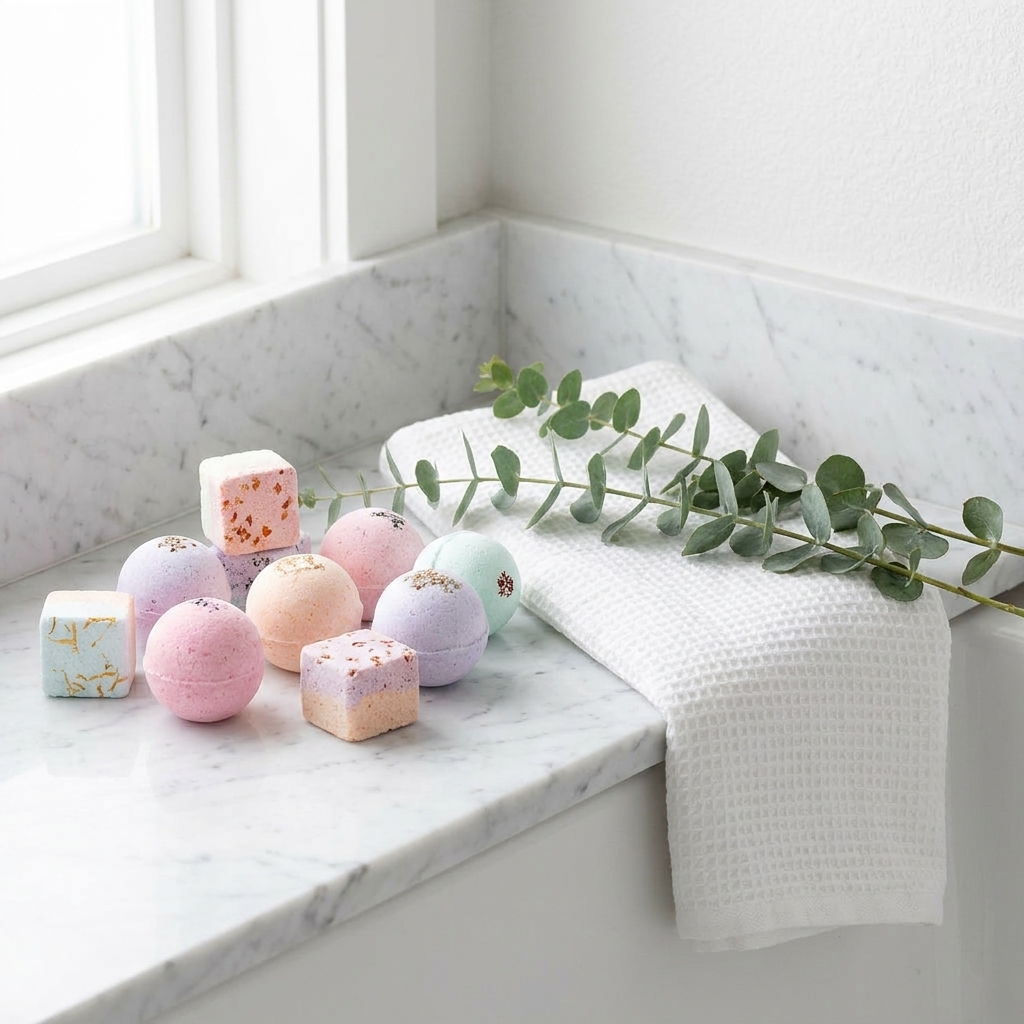 Bath bombs and shower steamers on a marble bathroom ledge with eucalyptus