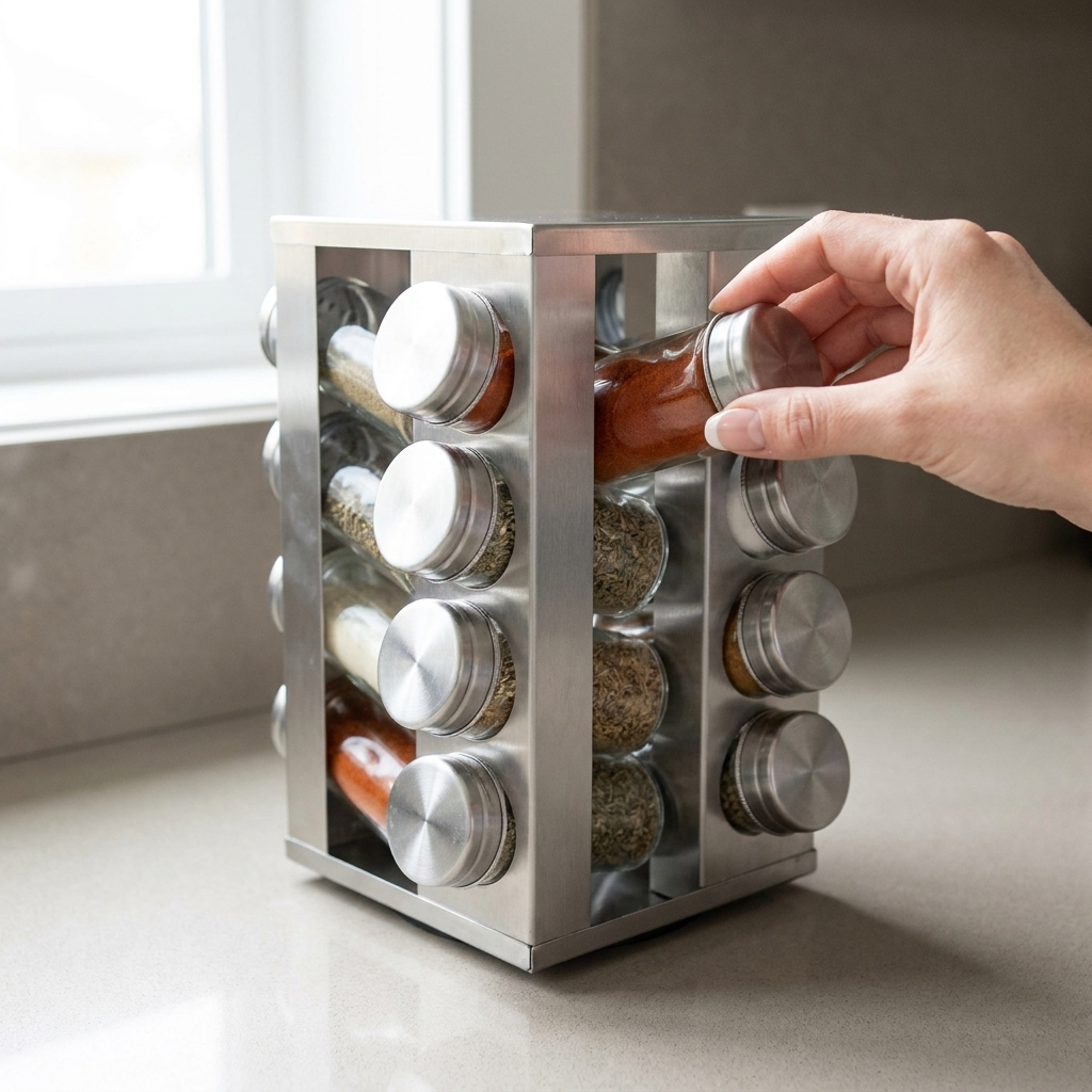 Hand rotating the spice rack tower to select a jar