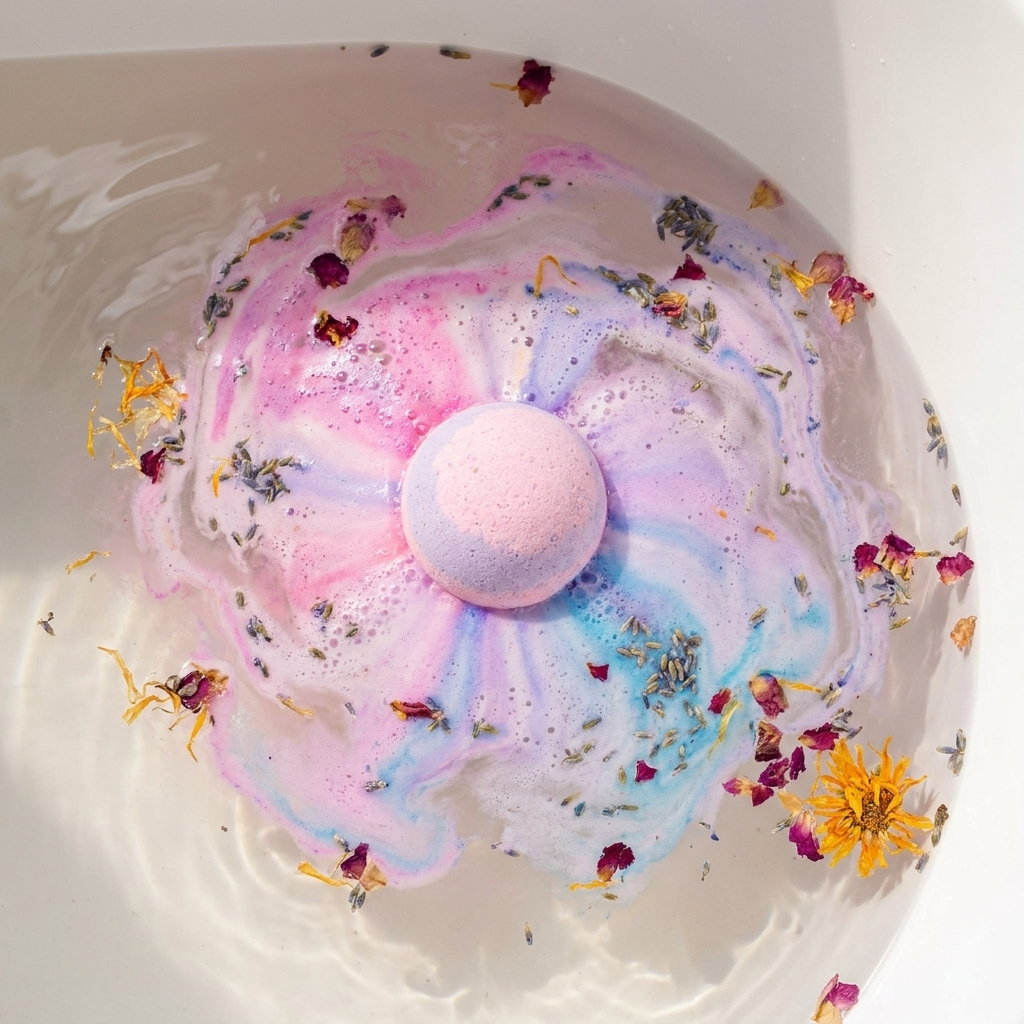 Colorful bath bomb fizzing in warm bath water