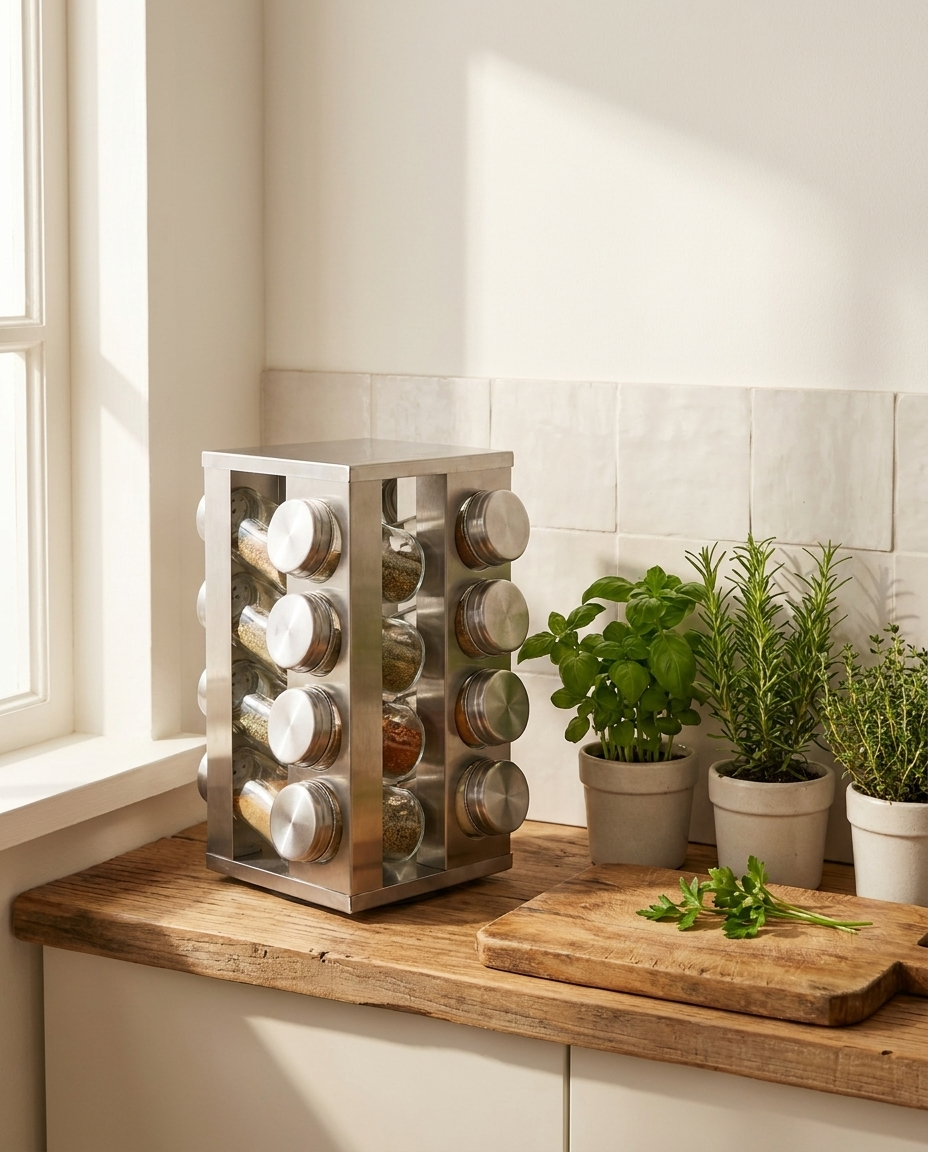 Spice rack tower on a wooden kitchen shelf with fresh herbs