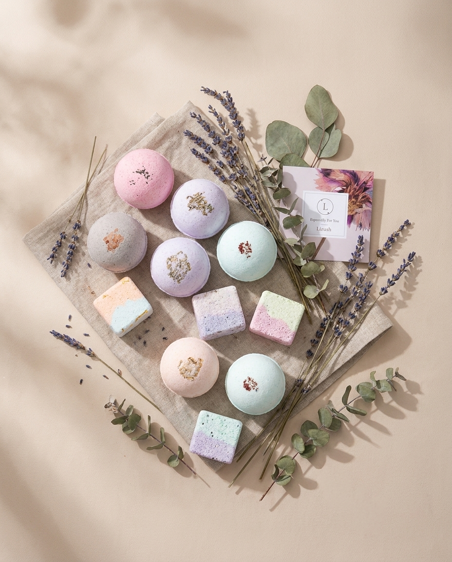Flat-lay of bath bombs and steamers with dried lavender and eucalyptus