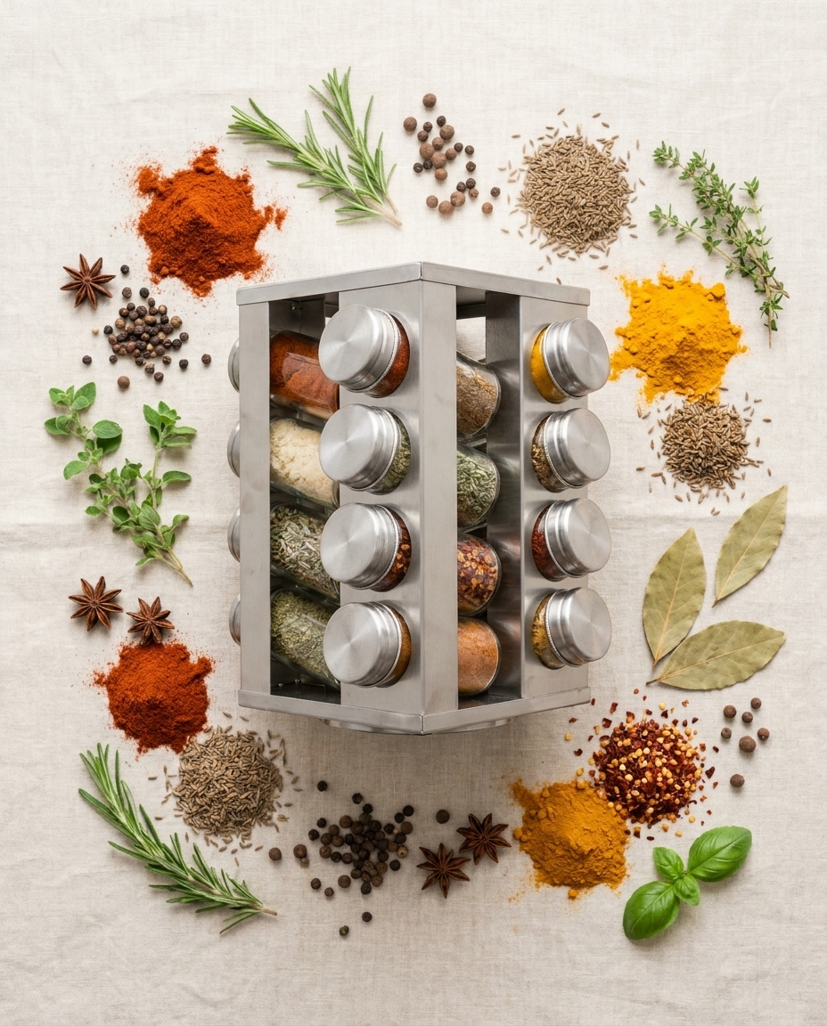 Overhead flat-lay of the spice rack tower surrounded by spices