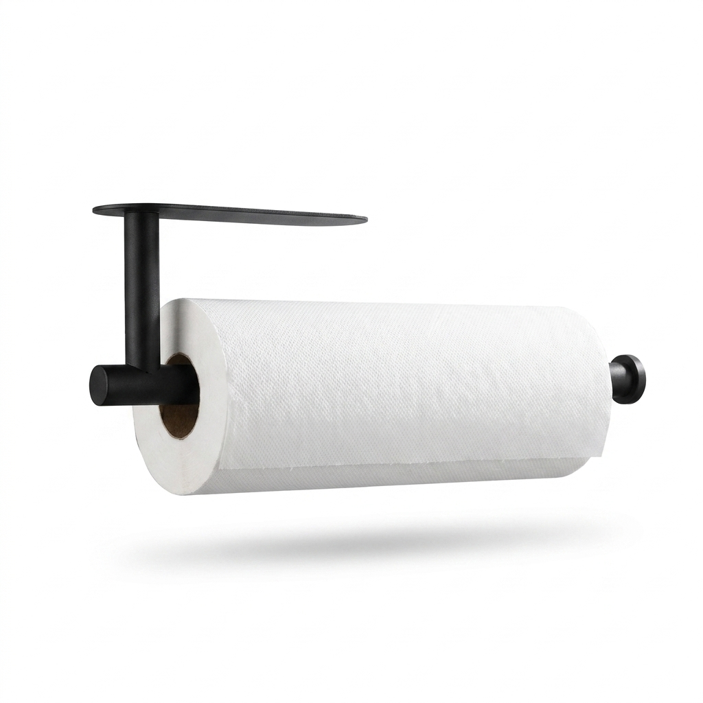 Black 304 stainless steel paper towel holder with white roll on white background