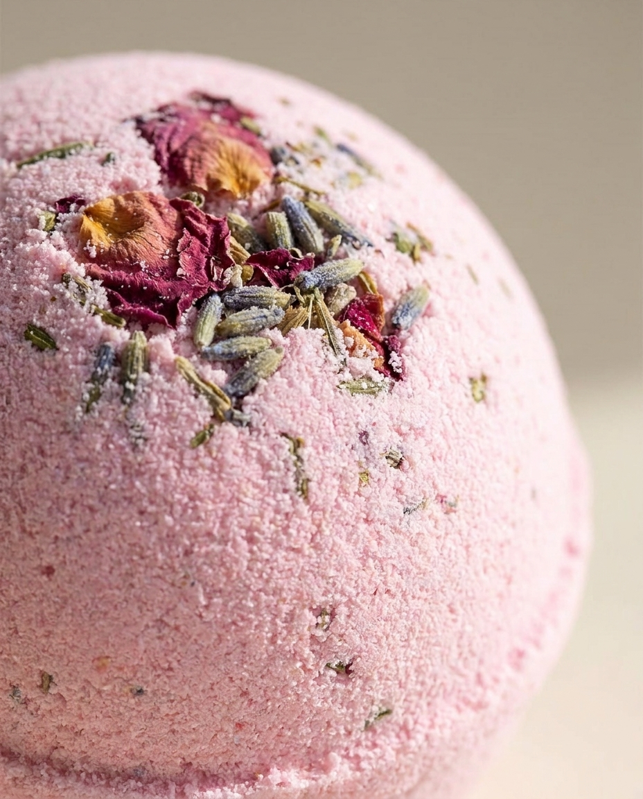 Close-up of a natural bath bomb topped with dried flower petals