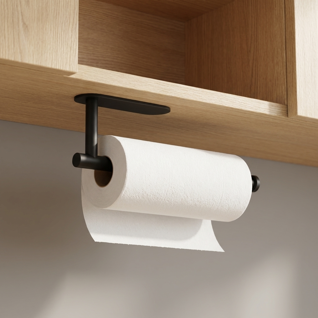 Matte black paper towel holder mounted under a kitchen cabinet
