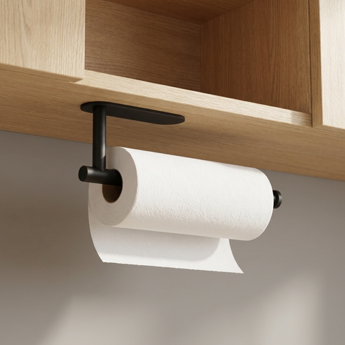 Matte black paper towel holder mounted under a kitchen cabinet