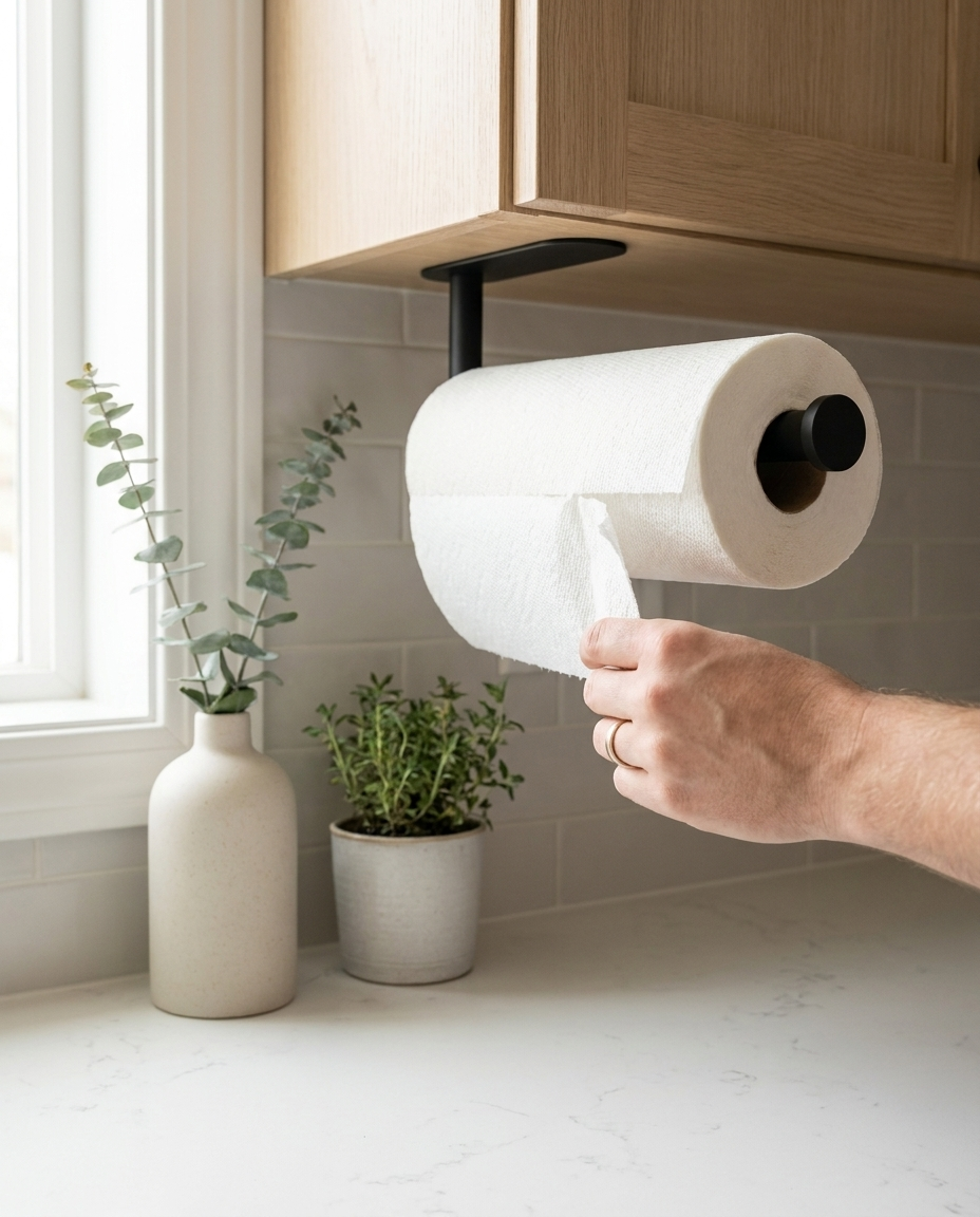 Hand tearing a paper towel from the wall-mounted black holder in a modern kitchen