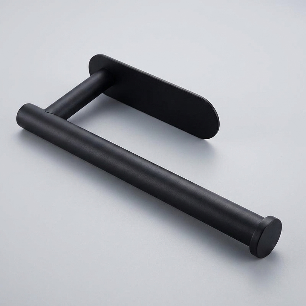 Close-up detail of the matte black stainless steel paper towel bar finish