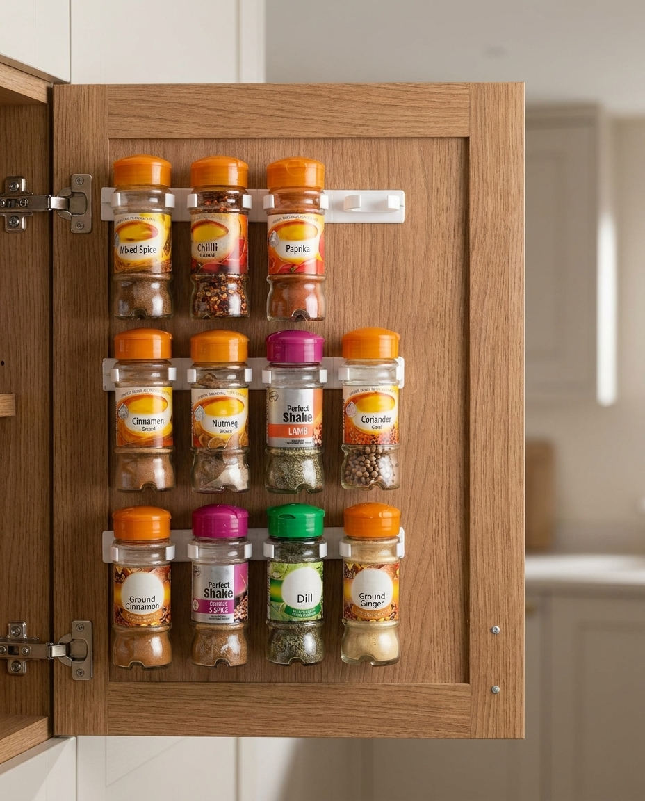 Spice clip strips mounted inside a cabinet door holding spice jars
