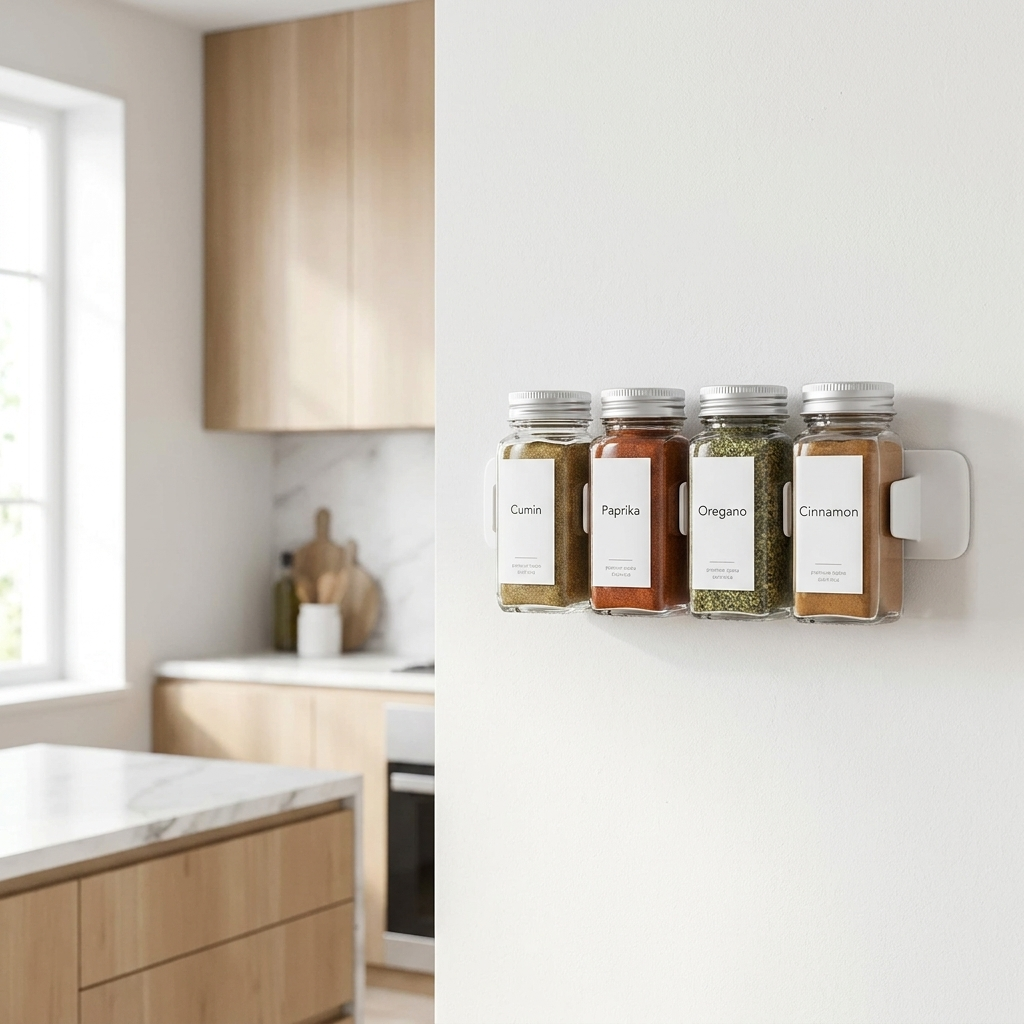 Clip strip mounted on a kitchen wall holding spice jars