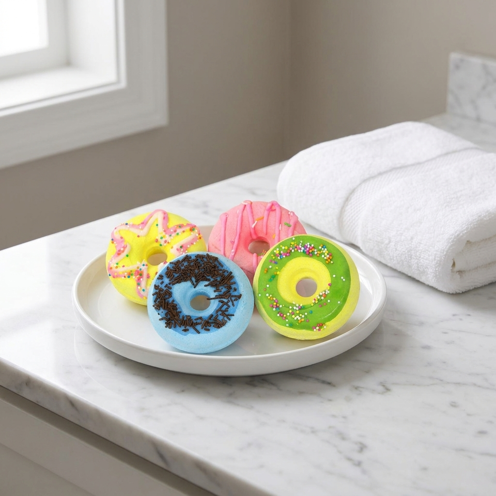 Donut bath bombs on a white plate on a marble bathroom counter