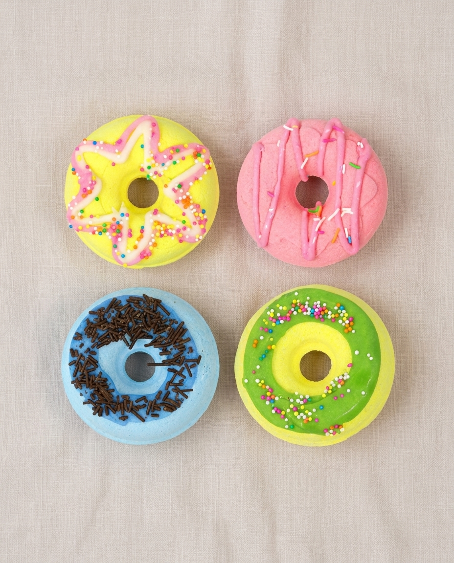 Flat-lay of assorted colorful donut bath bombs