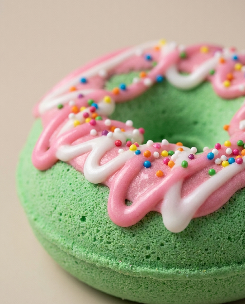 Close-up of a donut bath bomb with icing swirl and sprinkles