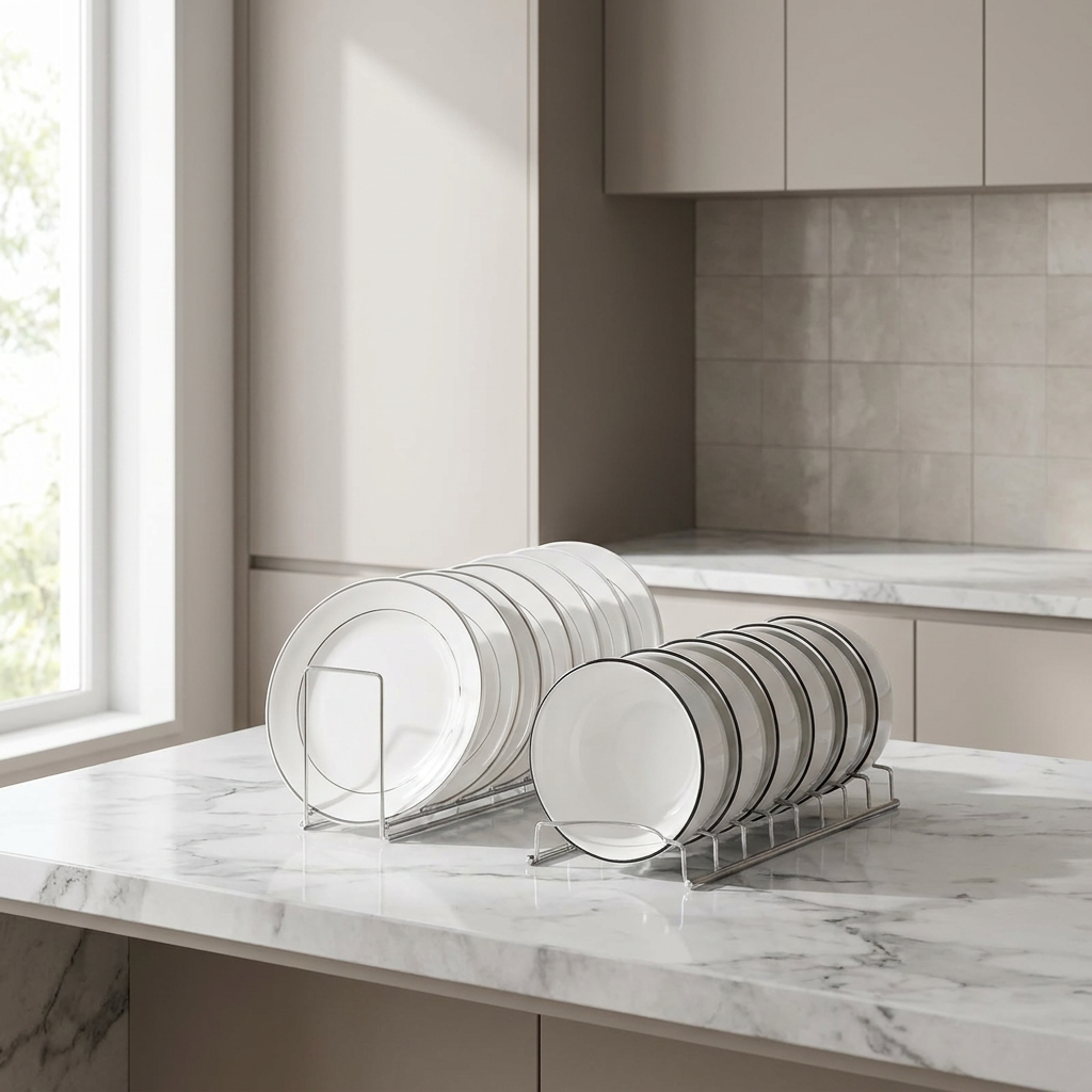 Dish rack holding white plates and bowl on a marble kitchen counter