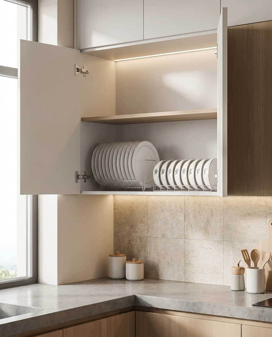 Dish rack organizing plates inside a kitchen cabinet