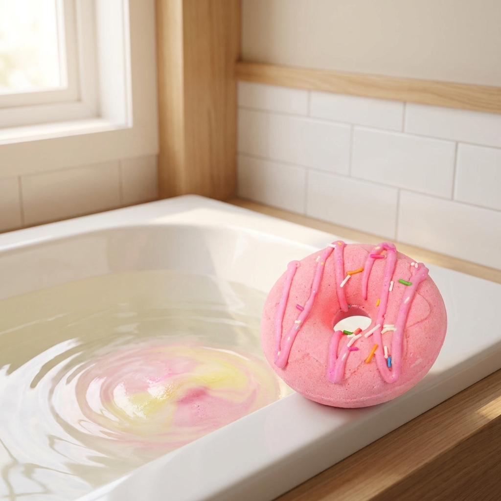 Donut bath bomb at the edge of a warm bath with color swirl