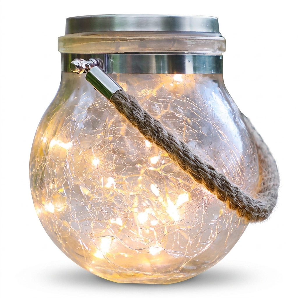 Solar crackle-glass mason jar light glowing warm white on white background