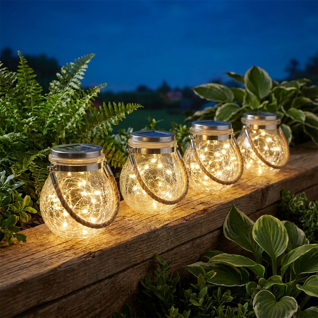Solar jar lights glowing along a garden ledge at dusk