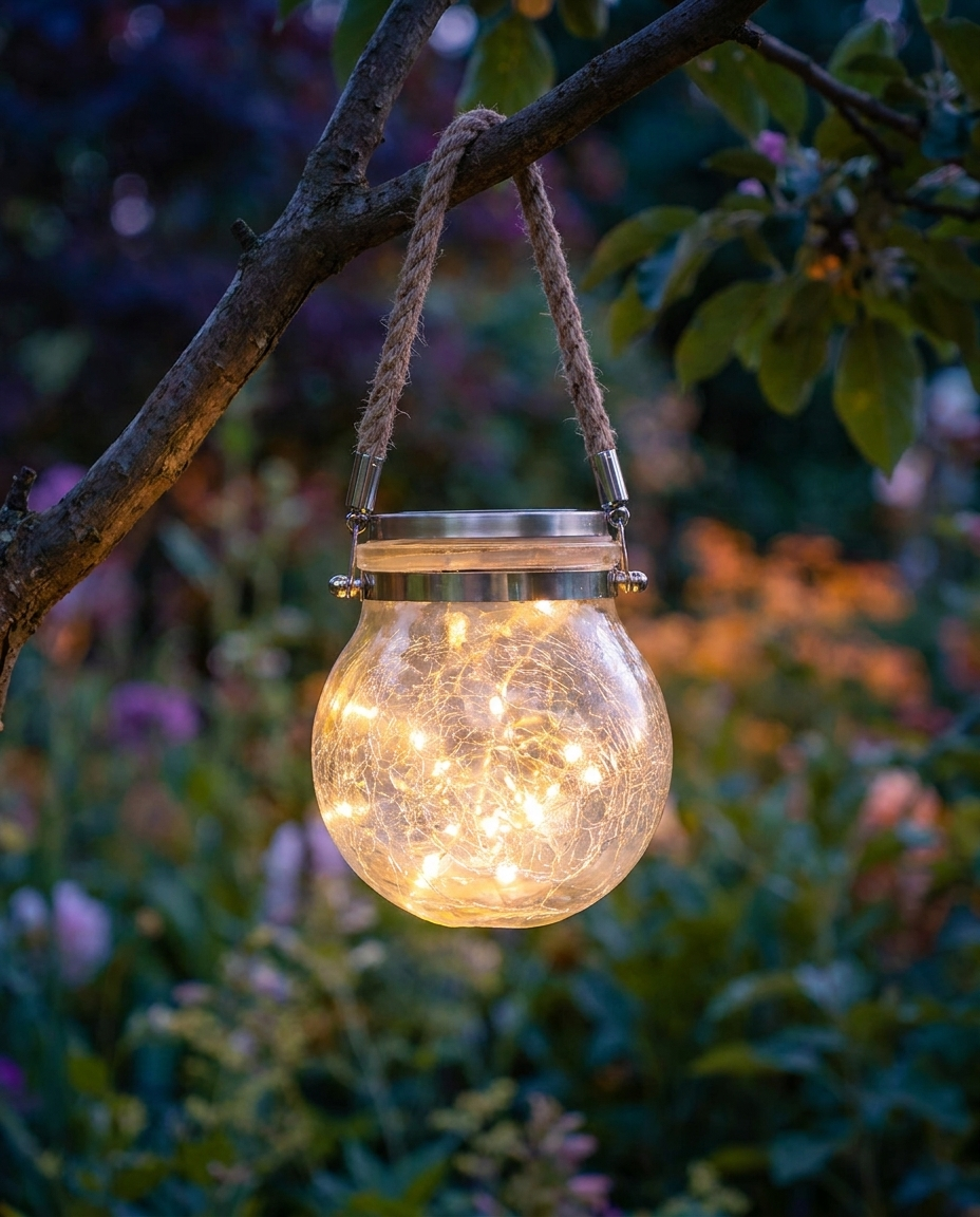 Solar jar light hanging from a tree branch glowing at dusk