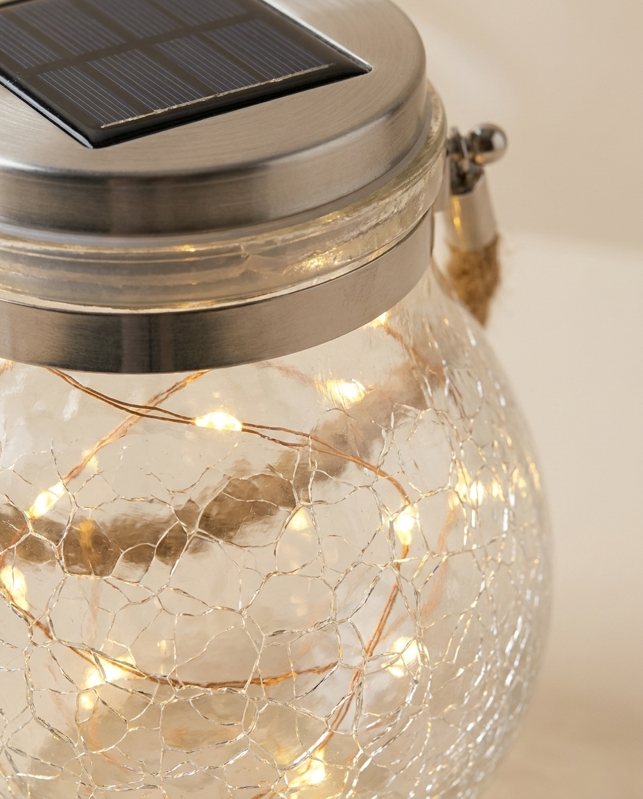 Close-up of crackle glass texture, solar lid, and warm white fairy lights