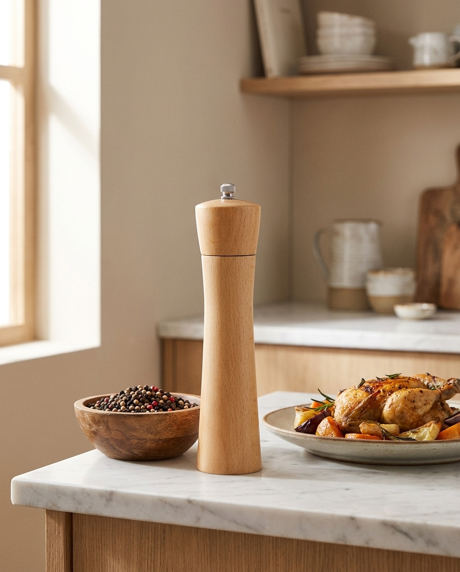 Beech wood pepper mill on a kitchen counter with peppercorns